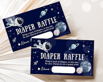 Editable Outer Space Astronaut Diaper Raffle Ticket Baby Shower Blue Navy Planets Galaxy Registry Card Game Corjl Template  PRINTABLE 0366