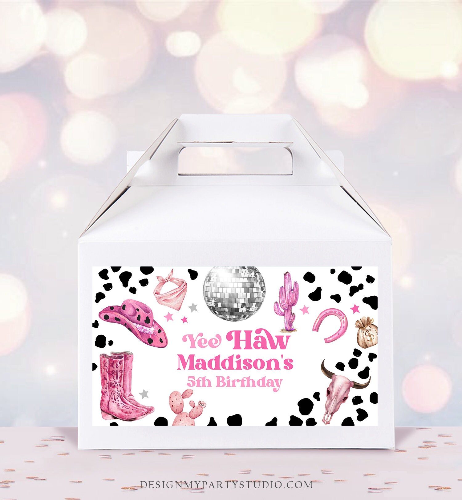 Pink Rodeo Theme Gable Box Editable Space Cowgirl Birthday Party Gable Box Favor Label Disco ...