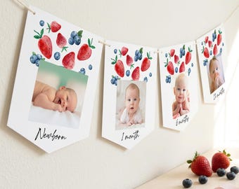 Strawberry First Birthday Monthly Photo Banner, Berry Sweet Party Decor, Editable Printable 0399