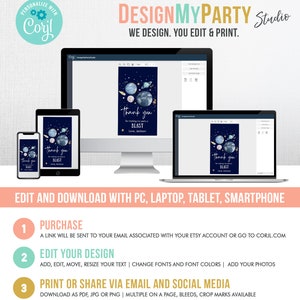 May include: A digital mockup of a thank you card with a space theme. The card features a blue background with planets, stars, and a rocket ship. The text "Thank you for making my party a BLAST" is written in gold lettering. The card is displayed on a computer screen, tablet, and smartphone.