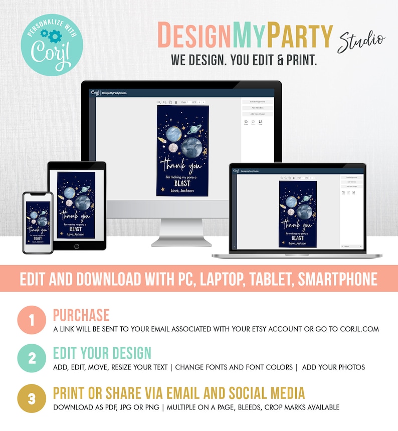 May include: A digital mockup of a thank you card with a space theme. The card features a blue background with planets, stars, and a rocket ship. The text "Thank you for making my party a BLAST" is written in gold lettering. The card is displayed on a computer screen, tablet, and smartphone.