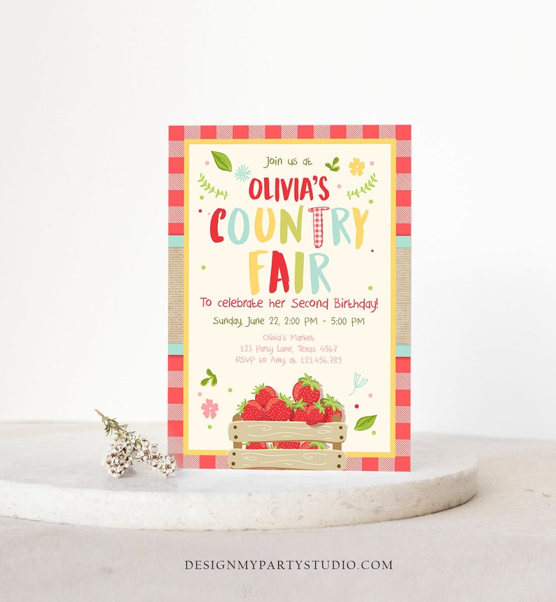 Editable Country Fair invitation Red Gingham Strawberry Home Grown Veggies Farm Fruits Market Download Printable Invite Template Corjl 0223 image 2