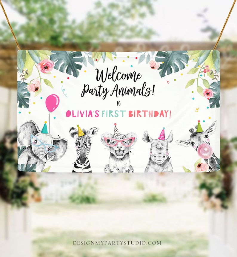 Editable Party Animals Birthday Backdrop Banner Welcome Safari Animals Girl Pink First Birthday Sign Download Corjl Template Printable 0322 image 2