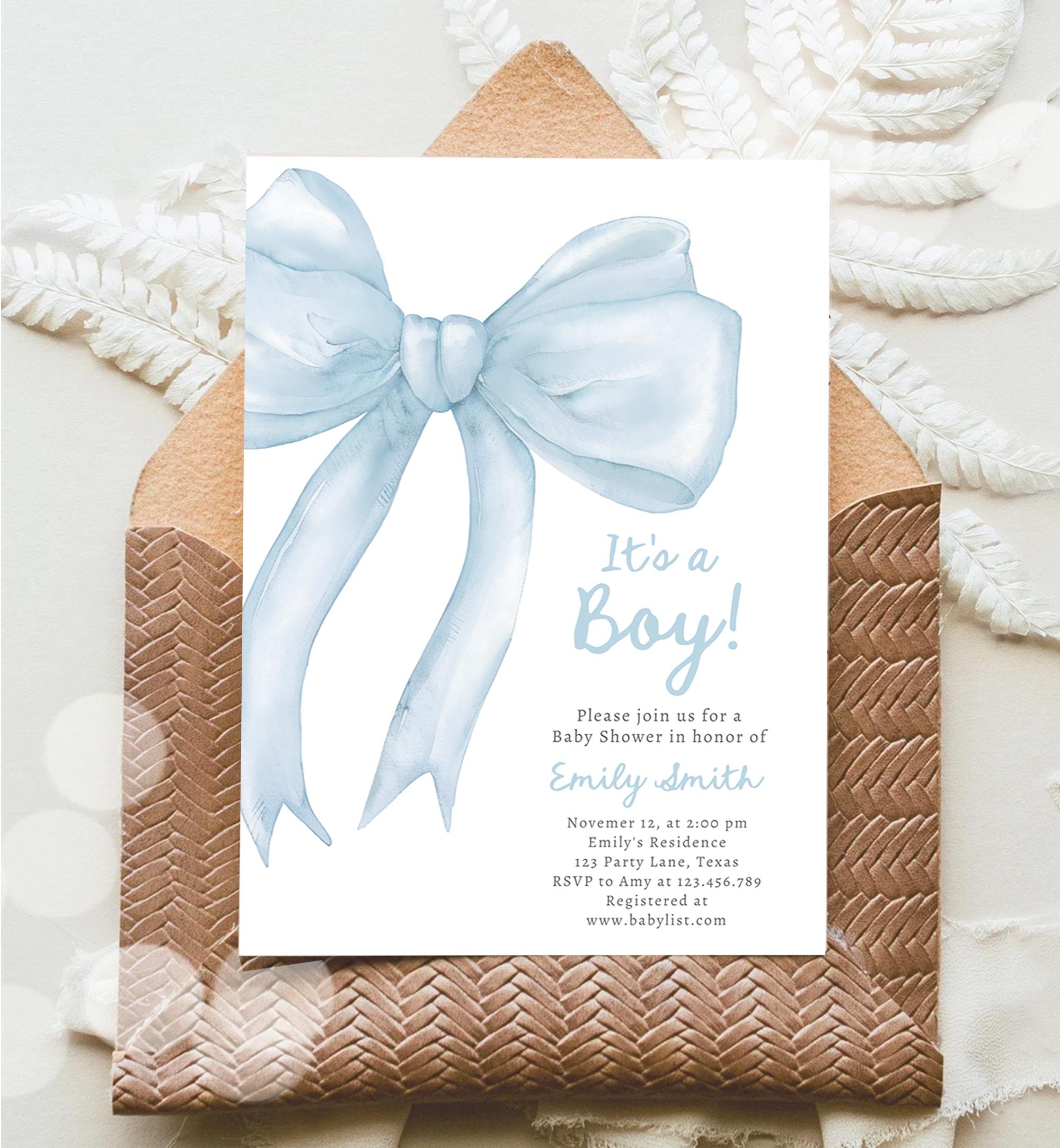 Editable Blue Bow Baby Shower Invitation It's a Boy Blue Coquette Baby ...