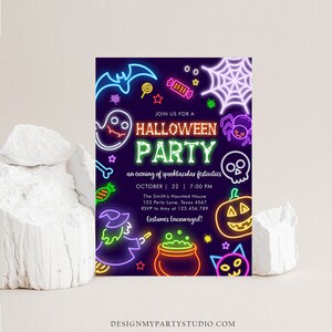 May include: A Halloween party invitation with neon-style graphics on a dark purple background. The design includes a bat, ghost, spiderweb, skull, pumpkin, and witch. The text reads "Join us for a Halloween Party" and provides event details.
