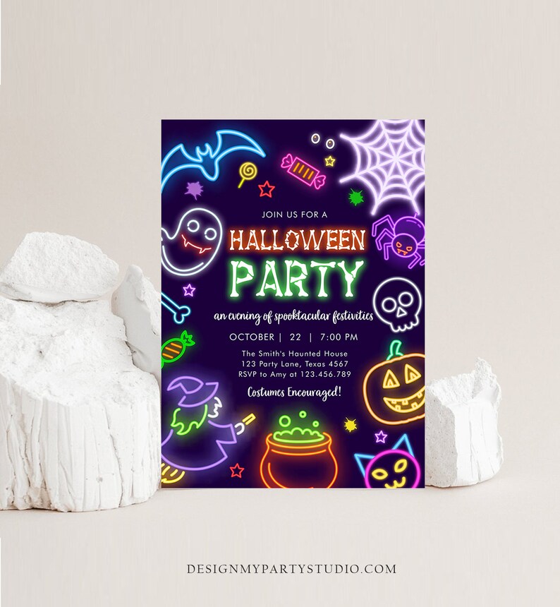 May include: A Halloween party invitation with neon-style graphics on a dark purple background. The design includes a bat, ghost, spiderweb, skull, pumpkin, and witch. The text reads "Join us for a Halloween Party" and provides event details.