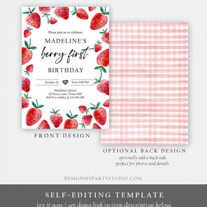 Peut inclure: Une invitation imprimable pour une f&ecirc;te de premier anniversaire sur le th&egrave;me de la fraise. L'invitation pr&eacute;sente une illustration aquarelle de fraises et le texte "Madeline's Berry First Birthday".