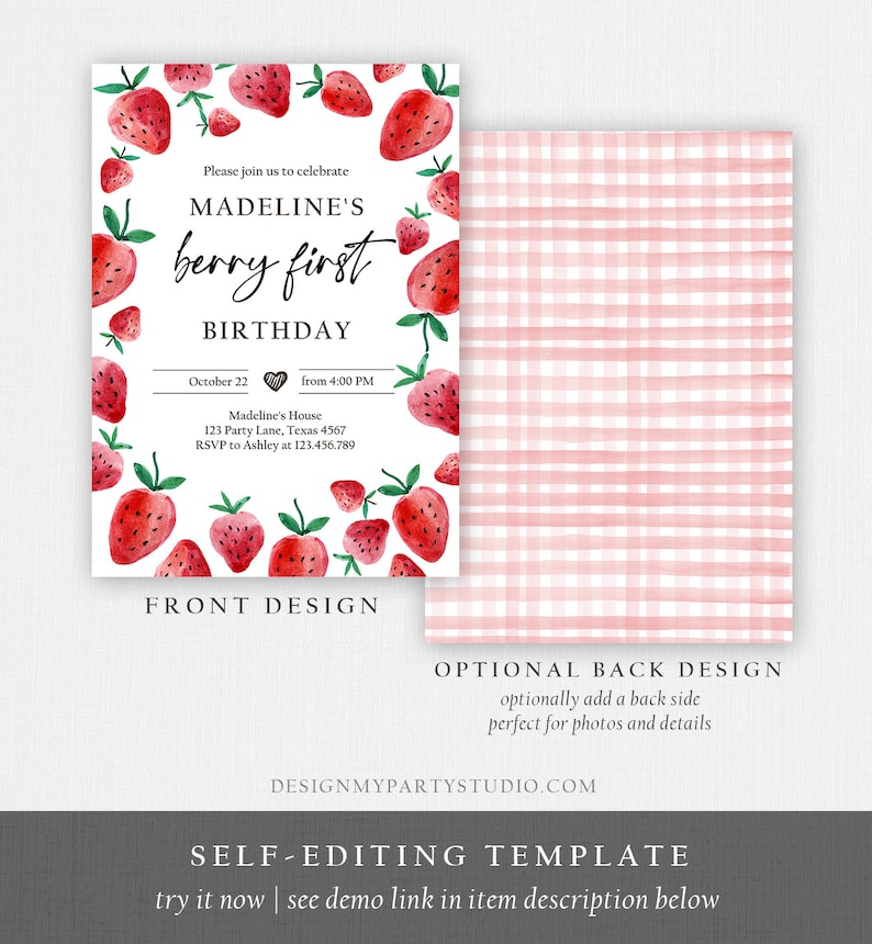 Peut inclure: Une invitation imprimable pour une f&ecirc;te de premier anniversaire sur le th&egrave;me de la fraise. L'invitation pr&eacute;sente une illustration aquarelle de fraises et le texte "Madeline's Berry First Birthday".