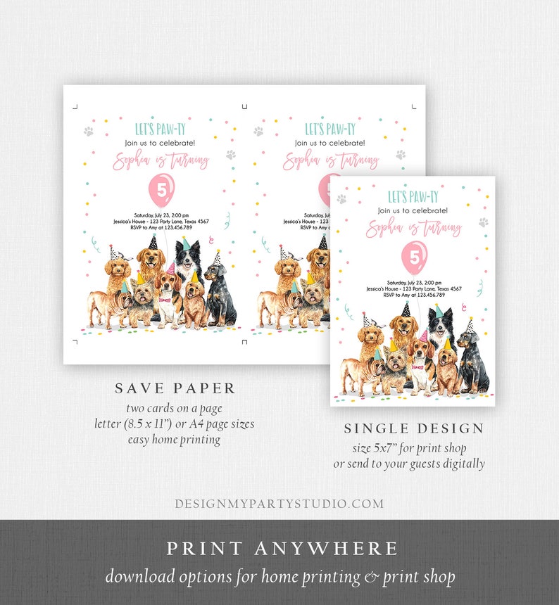 Editable Puppy Birthday Invitation Dogs Birthday Party Invite Pink Girl ...