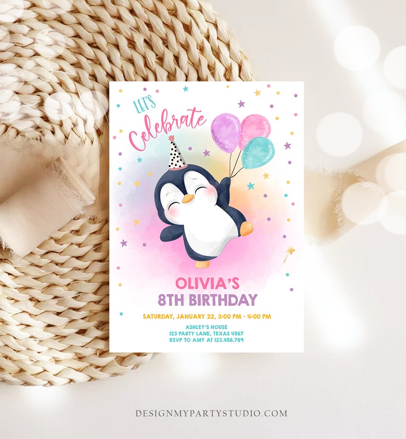 May include: A birthday invitation featuring a cartoon penguin wearing a party hat and holding balloons. The invitation is for Olivia's 8th birthday and includes the date, time, and location of the party. The background is a pink and blue watercolor design with stars and confetti.