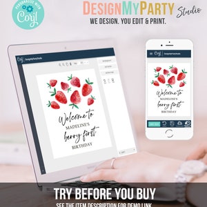 Peut inclure: Mod&egrave;le de conception num&eacute;rique pour une invitation de f&ecirc;te d'anniversaire. Le design pr&eacute;sente une illustration aquarelle de fraises et le texte "Bienvenue au premier anniversaire de Madeline, un anniversaire fruit&eacute;".