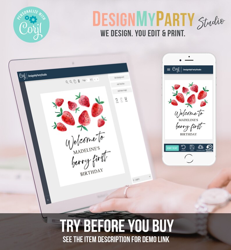 Peut inclure: Mod&egrave;le de conception num&eacute;rique pour une invitation de f&ecirc;te d'anniversaire. Le design pr&eacute;sente une illustration aquarelle de fraises et le texte "Bienvenue au premier anniversaire de Madeline, un anniversaire fruit&eacute;".