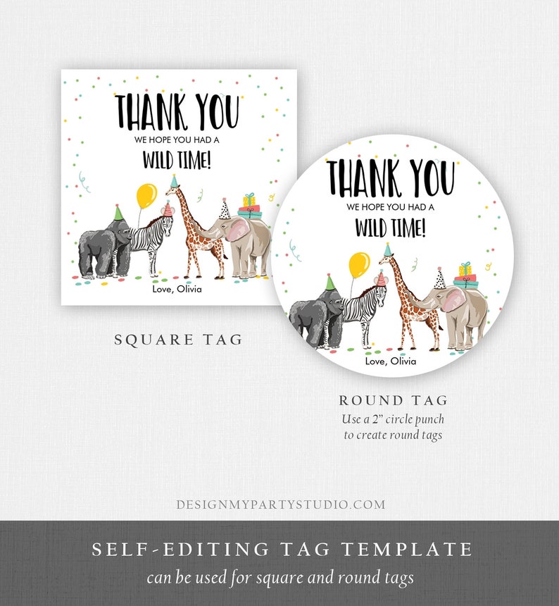 Op de afbeelding: Printbare bedankkaartjes met een kleurrijk jungledieren thema. De kaartjes zeggen "Bedankt" en "We hopen dat je een wilde tijd hebt gehad!" met de mogelijkheid om te personaliseren met een naam. De kaartjes zijn verkrijgbaar in vierkante en ronde formaten.