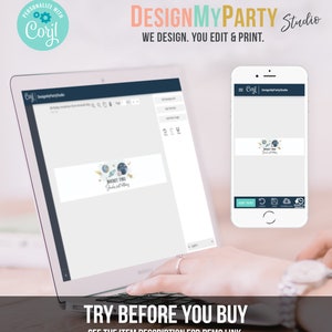 May include: A laptop and a mobile phone displaying a website with a space-themed birthday invitation design. The design features a rocket ship, planets, and stars. The text on the invitation reads "Rocket Fuel" and "Junior's 1st Birthday". The website is called "DesignMyParty Studio".