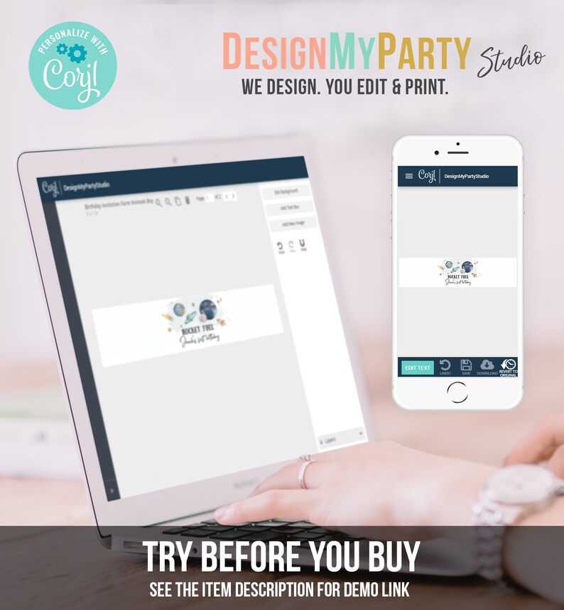 May include: A laptop and a mobile phone displaying a website with a space-themed birthday invitation design. The design features a rocket ship, planets, and stars. The text on the invitation reads "Rocket Fuel" and "Junior's 1st Birthday". The website is called "DesignMyParty Studio".