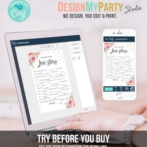 May include: A digital screen displaying a printable "Love Story" game template with pink floral and gold glitter accents. The text "Emma and Jacob's Love Story" is at the top of the template. The game is designed to be personalised with the couple's names and details of their relationship.