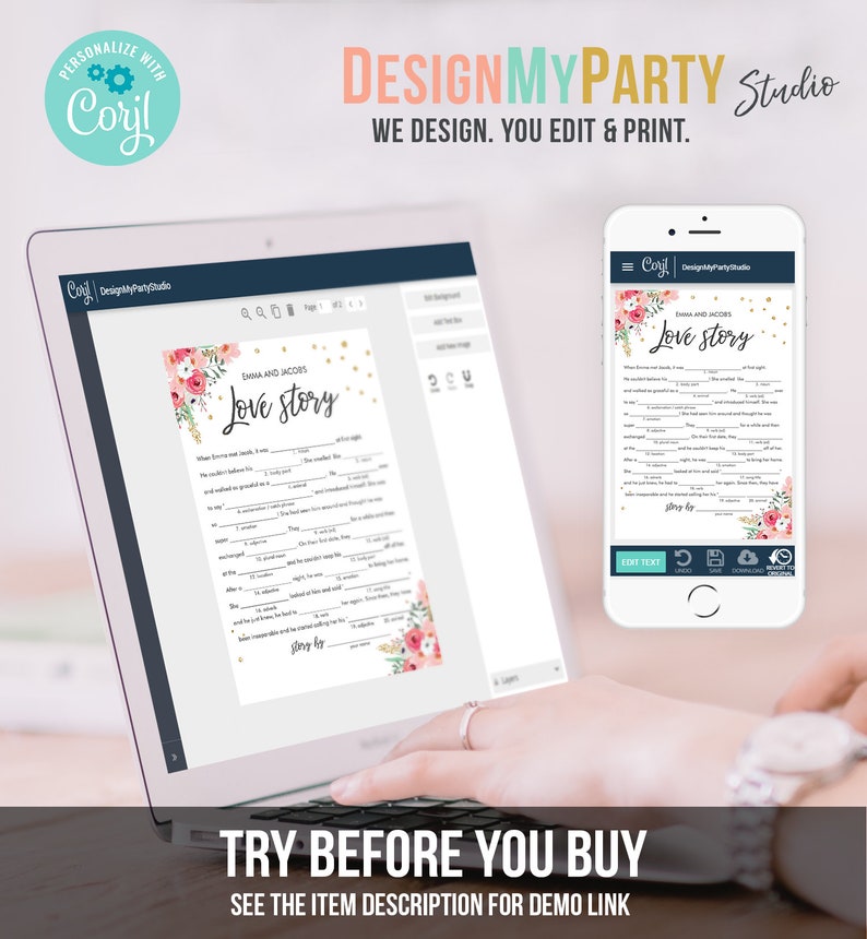 May include: A digital screen displaying a printable "Love Story" game template with pink floral and gold glitter accents. The text "Emma and Jacob's Love Story" is at the top of the template. The game is designed to be personalised with the couple's names and details of their relationship.