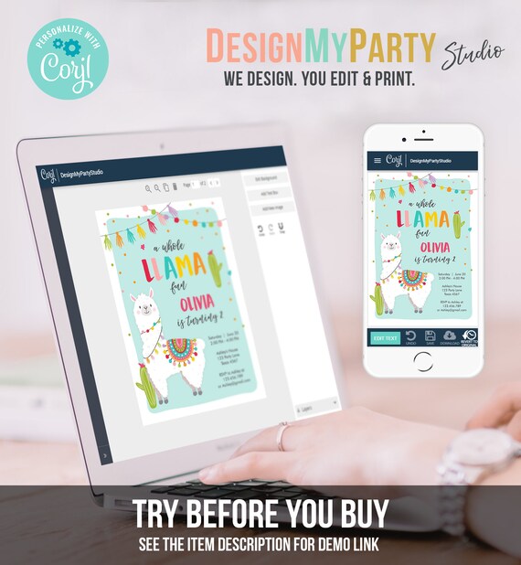 Editable Whole Llama Fun Birthday Invitation Fiesta Mexican Cactus Alpaca Girl Blue Party Instant Download Printable Corjl Template 0079