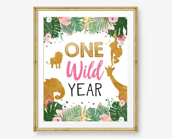 One Wild Year Birthday Sign Table Decor Safari Birthday Wild One Animals Black and Gold Girl Pink Table Sign Party Jungle PRINTABLE 0016 Il_570xn