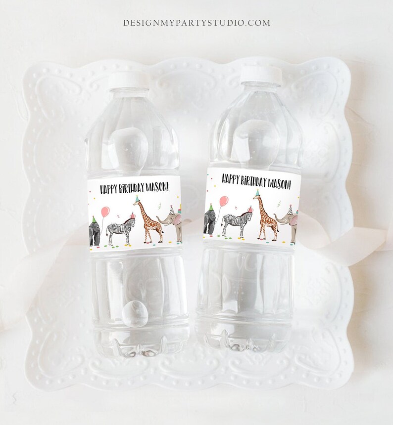 May include: Two clear plastic water bottles with white labels that say "Happy Birthday Mason!" with a colorful illustration of animals wearing party hats.