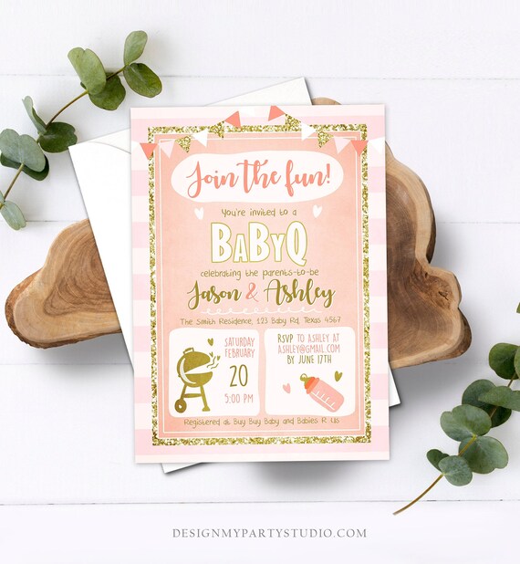 Editable BabyQ Invitation Baby Shower Coed Shower BBQ Pink Gold