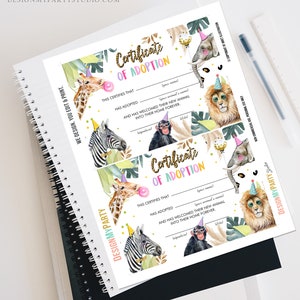 May include: Printable certificate of adoption with a jungle animal theme. The certificate has a gold glitter design and features a giraffe, zebra, monkey, elephant, and lion wearing party hats. The text reads "Certificate of Adoption" and "This certifies that (your name) has adopted (your animal's name) and has welcomed their new animal into their home forever."
