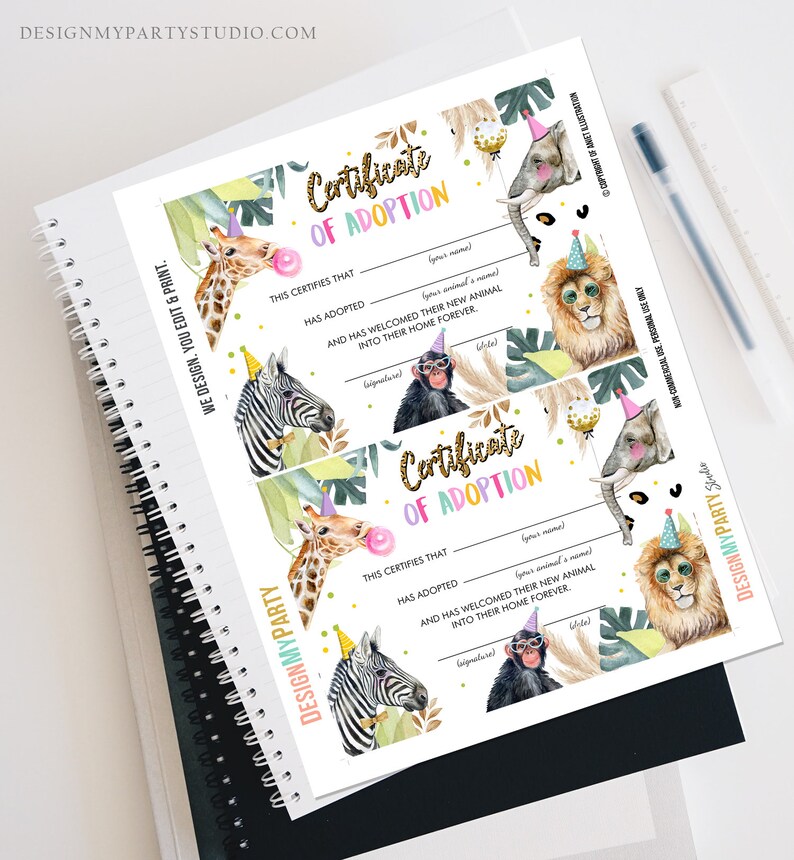 May include: Printable certificate of adoption with a jungle animal theme. The certificate has a gold glitter design and features a giraffe, zebra, monkey, elephant, and lion wearing party hats. The text reads "Certificate of Adoption" and "This certifies that (your name) has adopted (your animal's name) and has welcomed their new animal into their home forever."