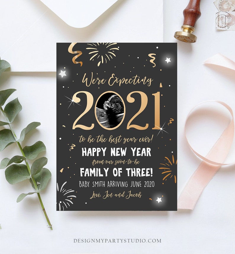 Editable New Year Pregnancy Reveal Card Pregnancy Announcement image 0