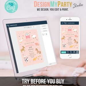 May include: A pink and white printable invitation with a farm theme. The invitation features a pink barn, a cow, a pig, a horse, a duck, a sheep, and a chicken. The text on the invitation reads "Oink, Cluck, BAA, Moo. We like to celebrate Madeline's 3rd Birthday with you!"