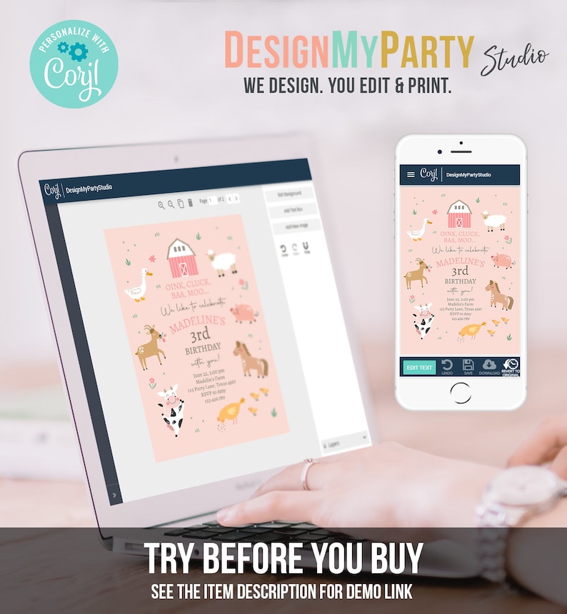 May include: A pink and white printable invitation with a farm theme. The invitation features a pink barn, a cow, a pig, a horse, a duck, a sheep, and a chicken. The text on the invitation reads "Oink, Cluck, BAA, Moo. We like to celebrate Madeline's 3rd Birthday with you!"