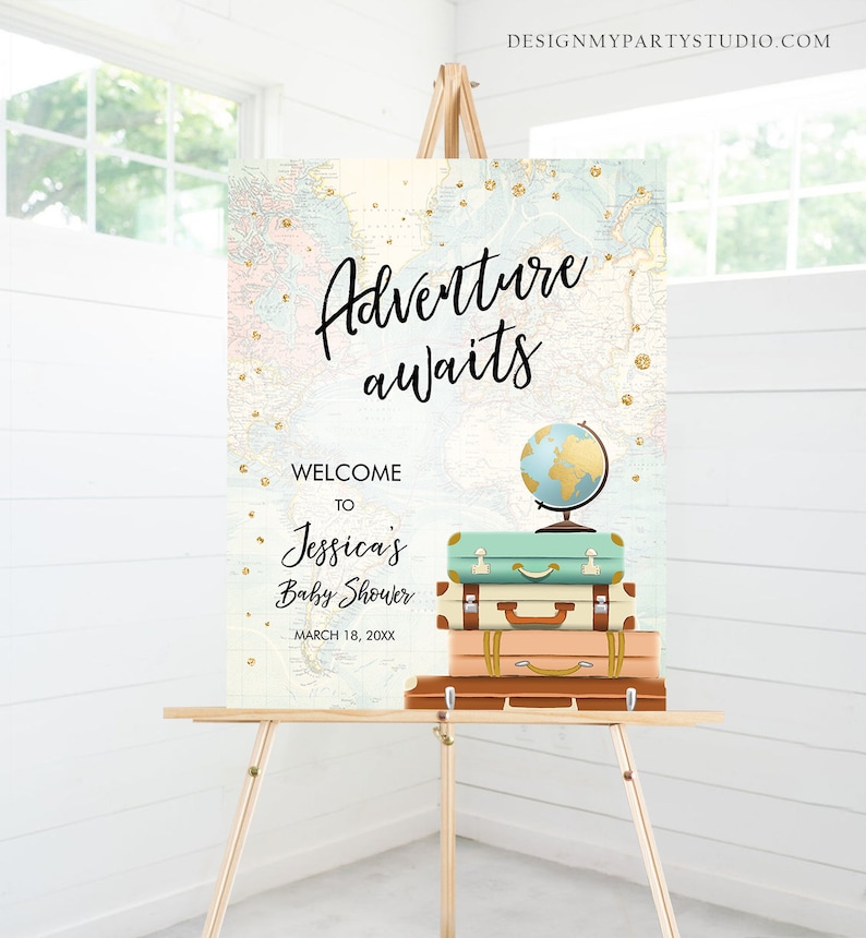 Editable Adventure Awaits Welcome Sign Baby Shower Traveling Around the World Travel Adventure Bridal Shower Floral Blue Corjl Template 0263 image 1