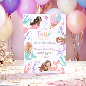 May include: A mermaid-themed birthday invitation with a white background and colorful illustrations of mermaids, seashells, and seaweed. The text reads "An Un-Four-gettable Shellebration" and includes details for Allison's 4th birthday party.
