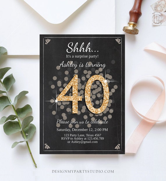 Editable ANY AGE Surprise Birthday Invitation Adult 40th Party Rustic Chalk Black Gold Glitter Photo Download Printable Corjl Template 0103 Il_570xn