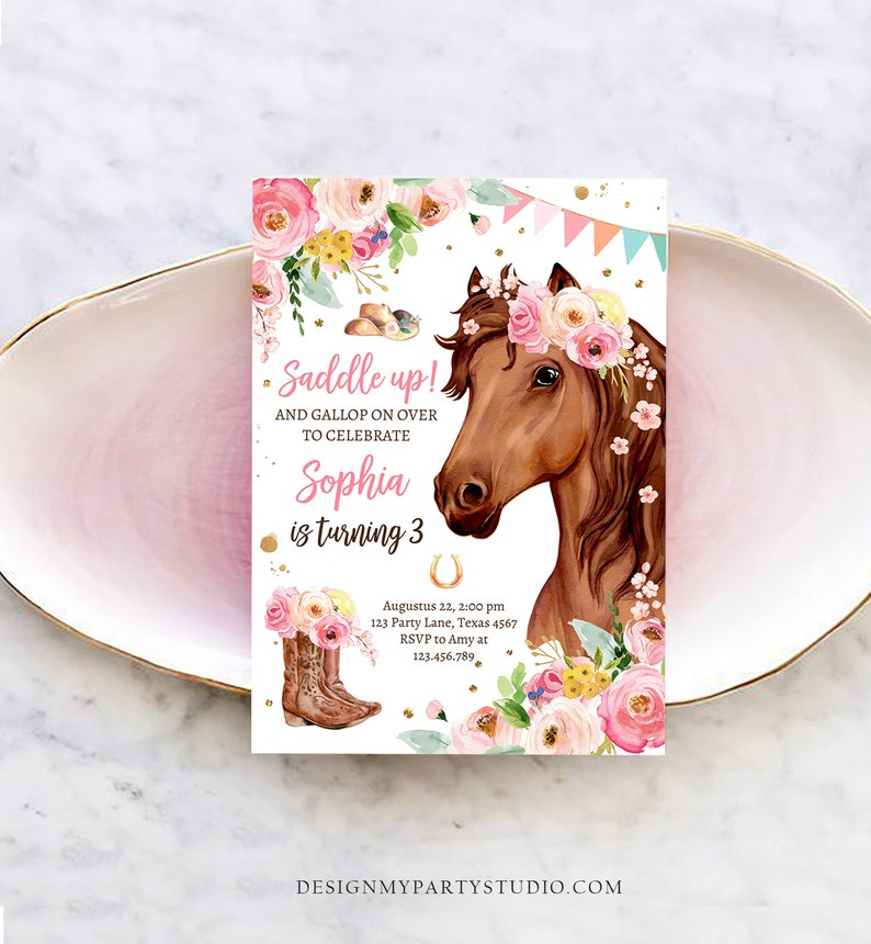 May include: A pink and white birthday invitation with a brown horse wearing a floral crown. The invitation says "Saddle up! And gallop on over to celebrate Sophia is turning 3".