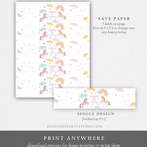 May include: Printable labels featuring a unicorn with a rainbow and clouds. The labels say "Olivia's 6th Birthday". The labels are designed to fit on a standard 8 inch by 2 inch bottle.