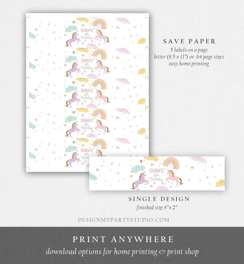 May include: Printable labels featuring a unicorn with a rainbow and clouds. The labels say "Olivia's 6th Birthday". The labels are designed to fit on a standard 8 inch by 2 inch bottle.
