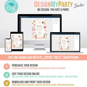 May include: A digital design template for a birthday invitation with a fairy theme. The invitation features a pink and green fairy with a flower crown and a pink dress. The text on the invitation reads "Madison You Are Magical". The invitation is displayed on a computer screen with a design editing software interface.