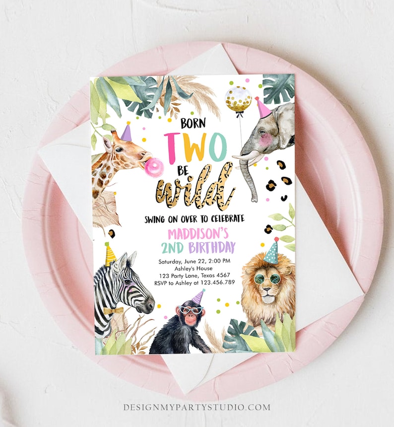 Editable Birthday Invitation Girl Born Two Be Wild Party Animals Invite Safari Zoo Birthday Download Printable Template Digital Corjl 0417 image 4