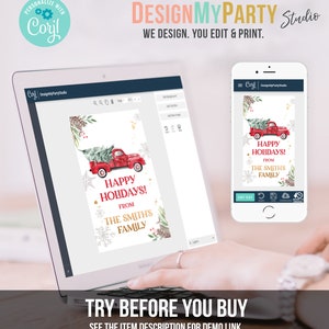 Puede incluir: Un port&aacute;til y un smartphone muestran un dise&ntilde;o navide&ntilde;o. El dise&ntilde;o presenta un cami&oacute;n rojo que transporta un &aacute;rbol de Navidad, con el texto "Happy Holidays!" y "From The Smiths Family." Tambi&eacute;n incluye el texto "Design My Party Studio."