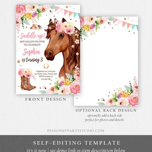 Puede incluir: Una invitaci&oacute;n imprimible para una fiesta de cumplea&ntilde;os de una ni&ntilde;a con un tema de caballo y flores. La invitaci&oacute;n dice "Saddle up! And gallop on over to celebrate Sophia is turning 3".