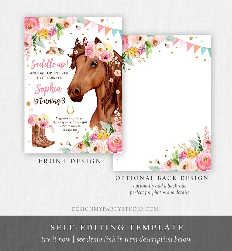 Puede incluir: Una invitaci&oacute;n imprimible para una fiesta de cumplea&ntilde;os de una ni&ntilde;a con un tema de caballo y flores. La invitaci&oacute;n dice "Saddle up! And gallop on over to celebrate Sophia is turning 3".