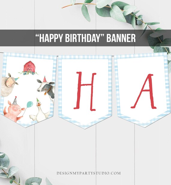 Happy Birthday Banner Farm Birthday Banner Farm Animals Boy Barnyard Birthday Decorations Blue Gingham Download PRINTABLE DIGITAL DIY 0155 Il_570xn
