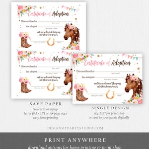 Adopt a Pony Adoption Certificate Horse Adoption Horse Birthday Party ...