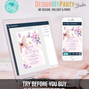 K&ouml;nnte beinhalten: Eine rosa und lilafarbene Babyparty-Einladung mit einem Schmetterlingsdesign. Die Einladung lautet "Ein kleiner Schmetterling ist unterwegs" und enth&auml;lt den Text "Feiern Sie mit uns eine Babyparty zu Ehren von Ashley Smith".
