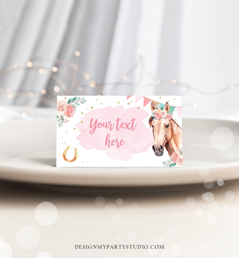 May include: Pink and gold printable party favor tag with a watercolor horse illustration, floral accents, and the text "Your text here".