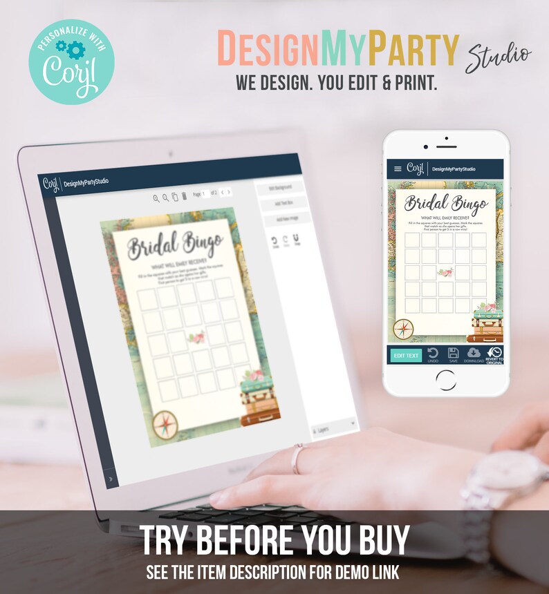 Editable Bridal Bingo Bridal Shower Game Travel Wedding Shower Activity Rustic Suitcases Vintage Map Party Digital Template Printable 0044 image 5