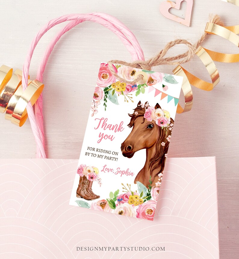May include: Pink and yellow floral thank you tag with a brown horse wearing a flower crown. The tag says "Thank you for riding on by to my party! Love, Sophia".