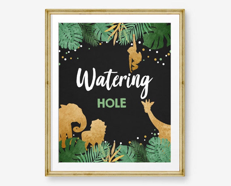 Watering Hole Birthday Sign Drink Table Decor Safari Birthday Wild One Animals Black and Gold Table Sign Zoo Party Jungle PRINTABLE 0016 image 1