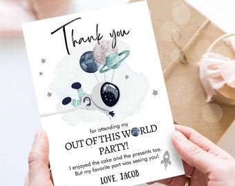 Editable Space Birthday Thank You Card Space Astronaut Thank You Note Planets Boy Blue Download Printable Template Digital Corjl 0366