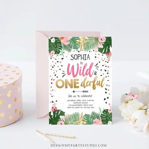 Editable Wild and Onederful Birthday Invitation Girl Wild One Safari Tropical Pink Gold Jungle First Birthday Corjl Template Printable 0332 image 2